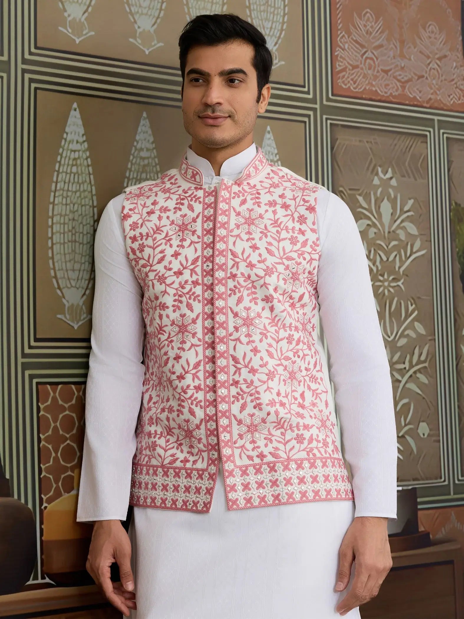 Astounding White Mirror Work Silk Men Kurta With Pant And Pink Jacket