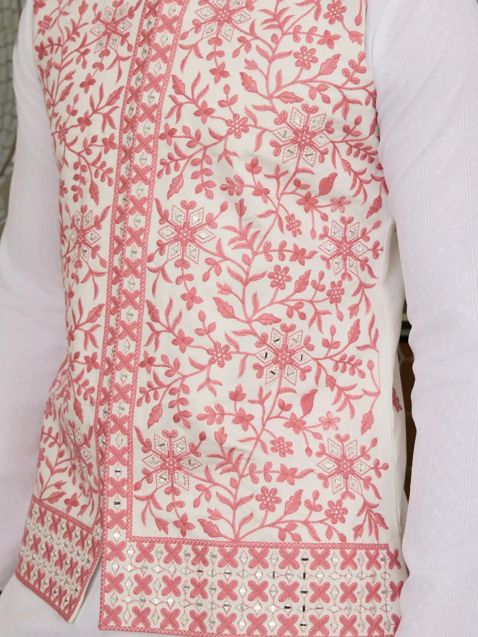 Astounding White Mirror Work Silk Men Kurta With Pant And Pink Jacket