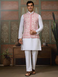 Astounding White Mirror Work Silk Men Kurta With Pant And Pink Jacket