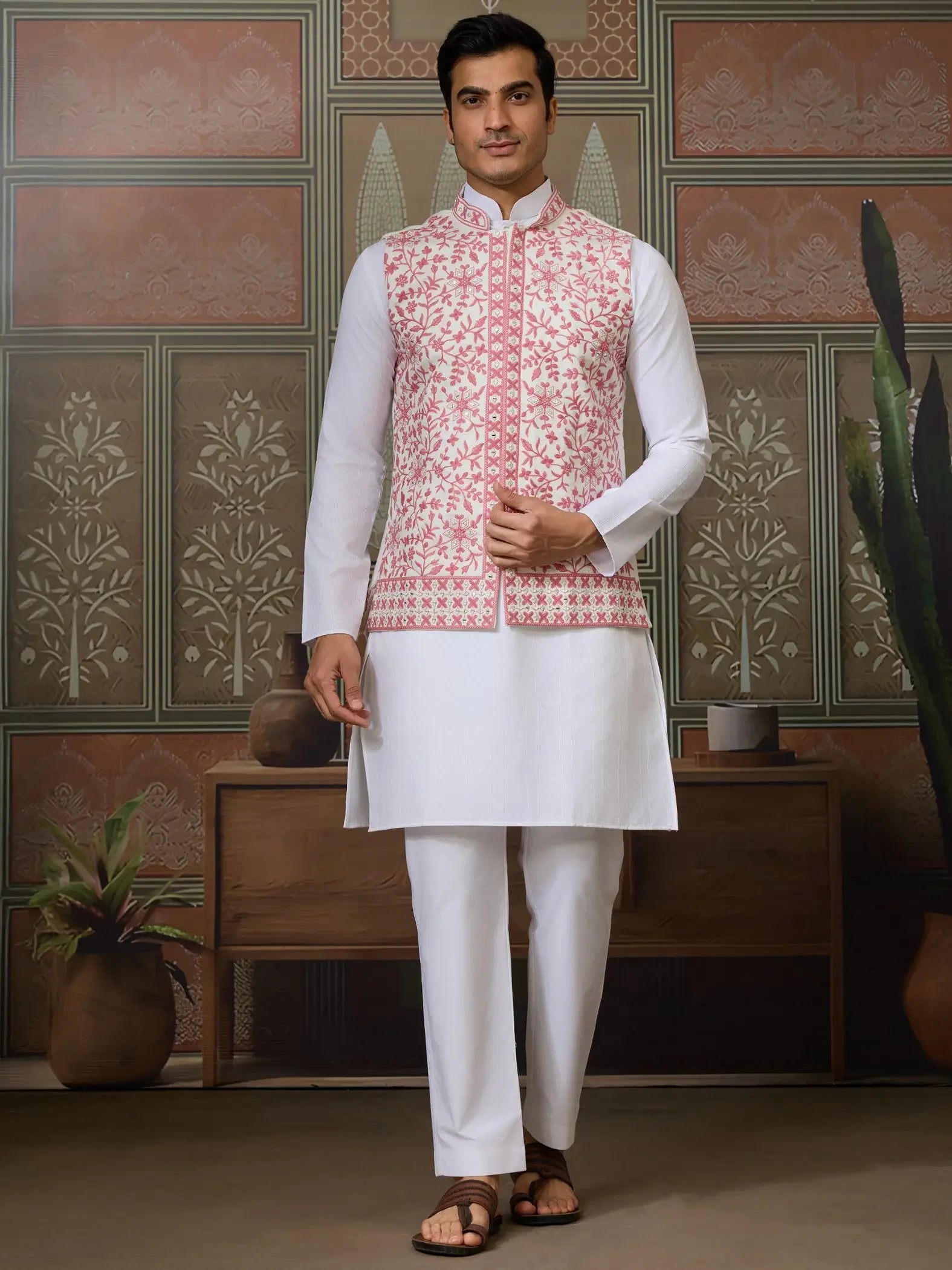 Astounding White Mirror Work Silk Men Kurta With Pant And Pink Jacket