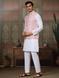 Astounding White Mirror Work Silk Men Kurta With Pant And Pink Jacket