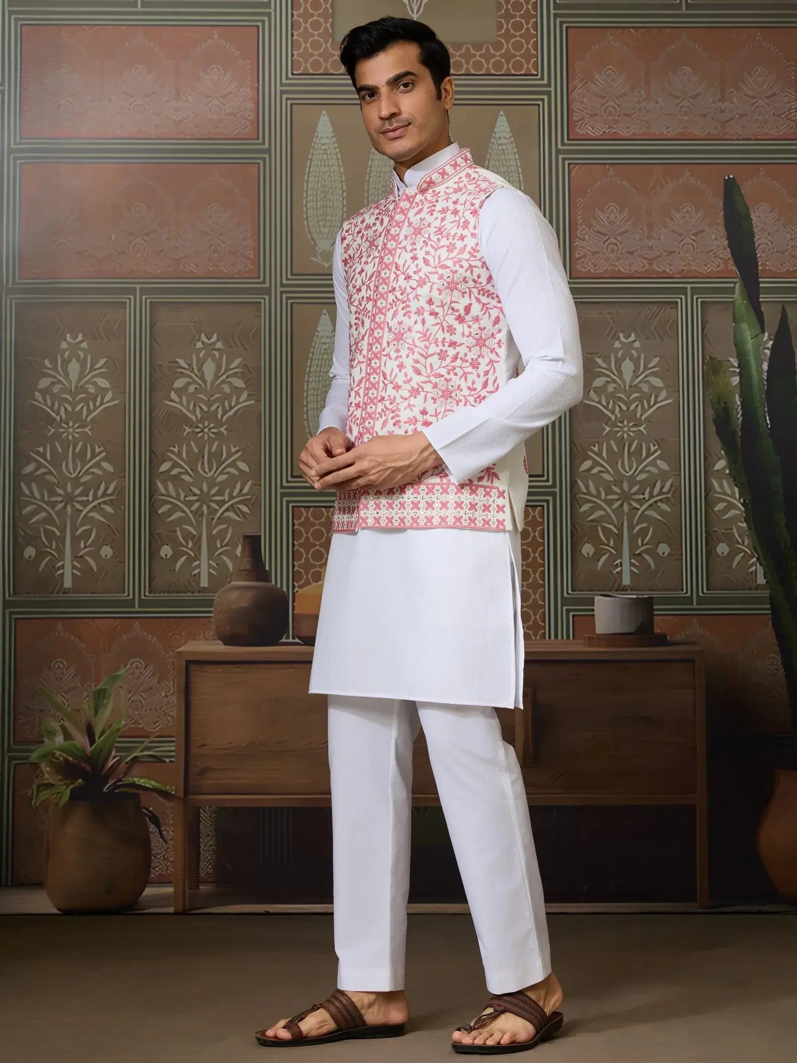 Astounding White Mirror Work Silk Men Kurta With Pant And Pink Jacket