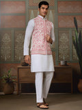 Astounding White Mirror Work Silk Men Kurta With Pant And Pink Jacket