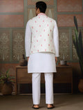 Astounding White Mirror Work Silk Men Kurta With Pant And Pink Jacket