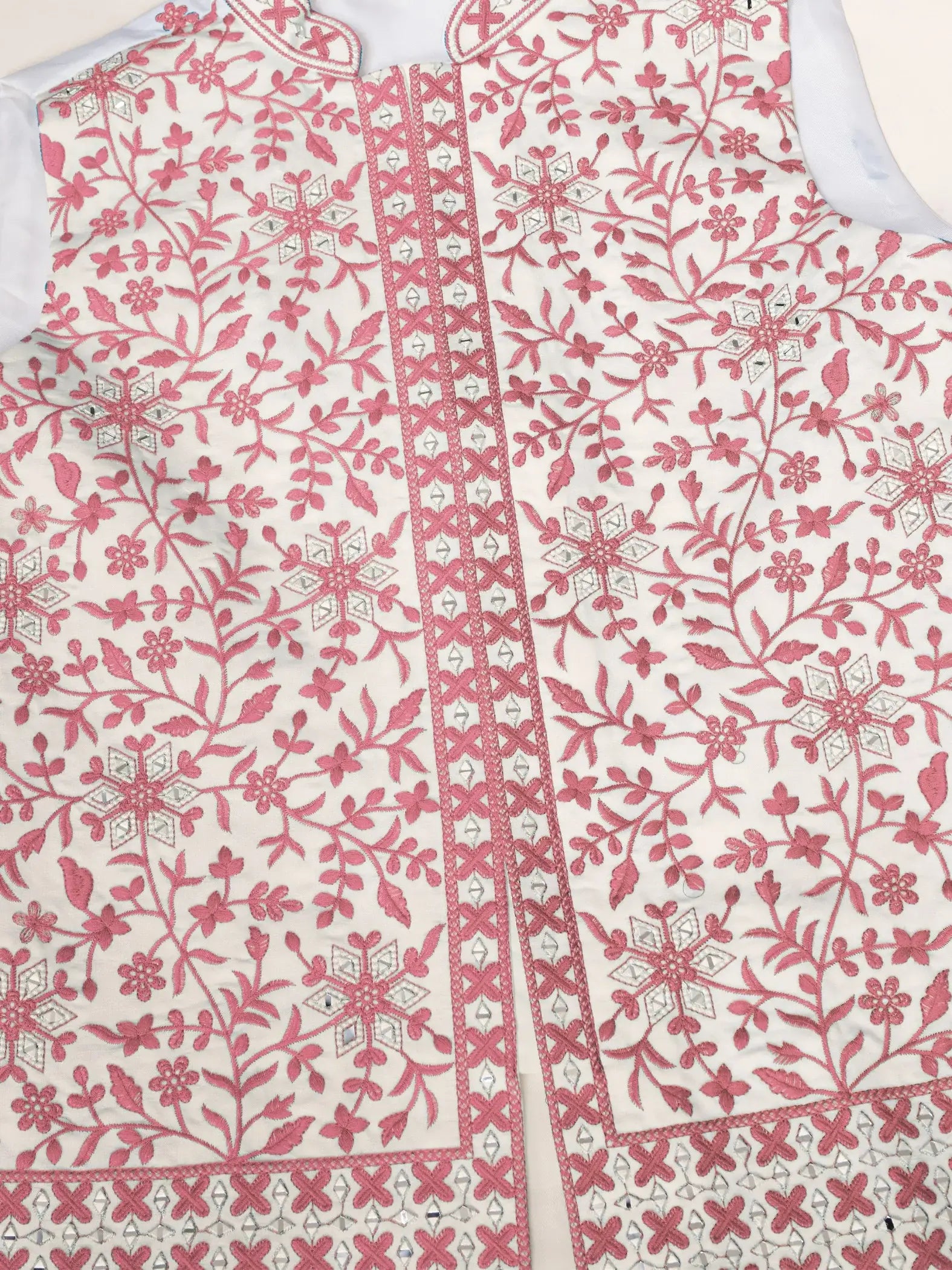 Astounding White Mirror Work Silk Men Kurta With Pant And Pink Jacket