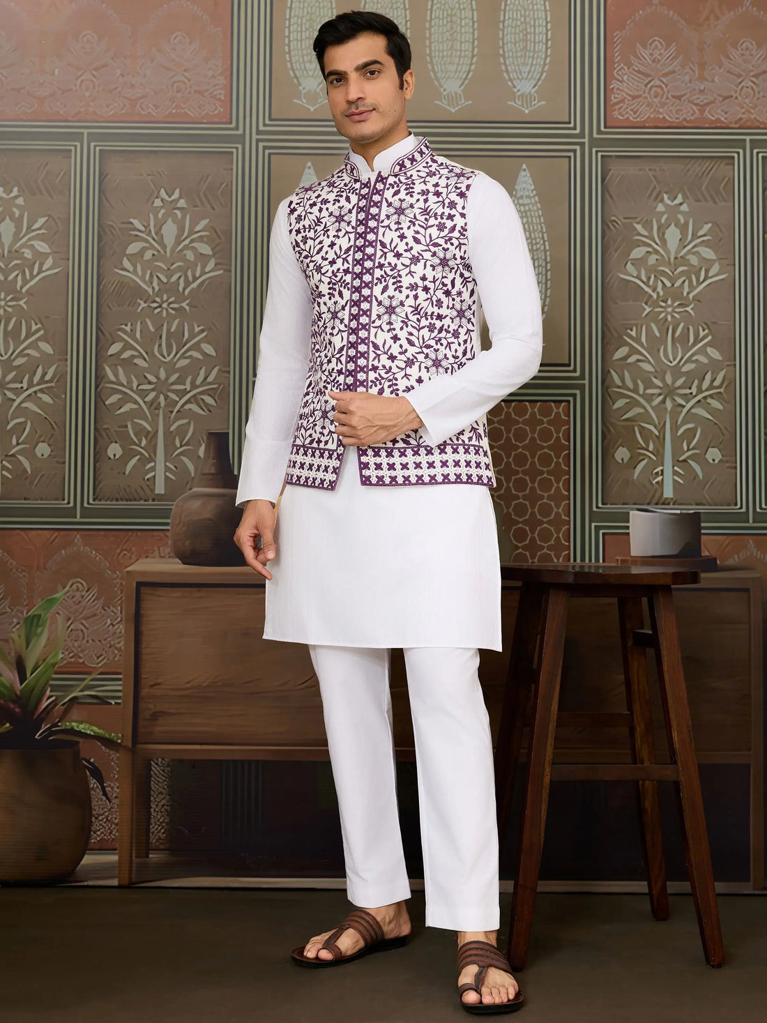Incredible White Thread Work Silk Designer Men Kurta With Pant And Jacket