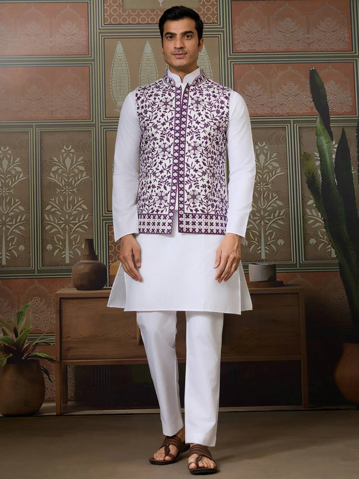 Incredible White Thread Work Silk Designer Men Kurta With Pant And Jacket