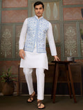 Fabulous White Mirror Work Silk Marriage Wear Men Kurta Set And Jacket