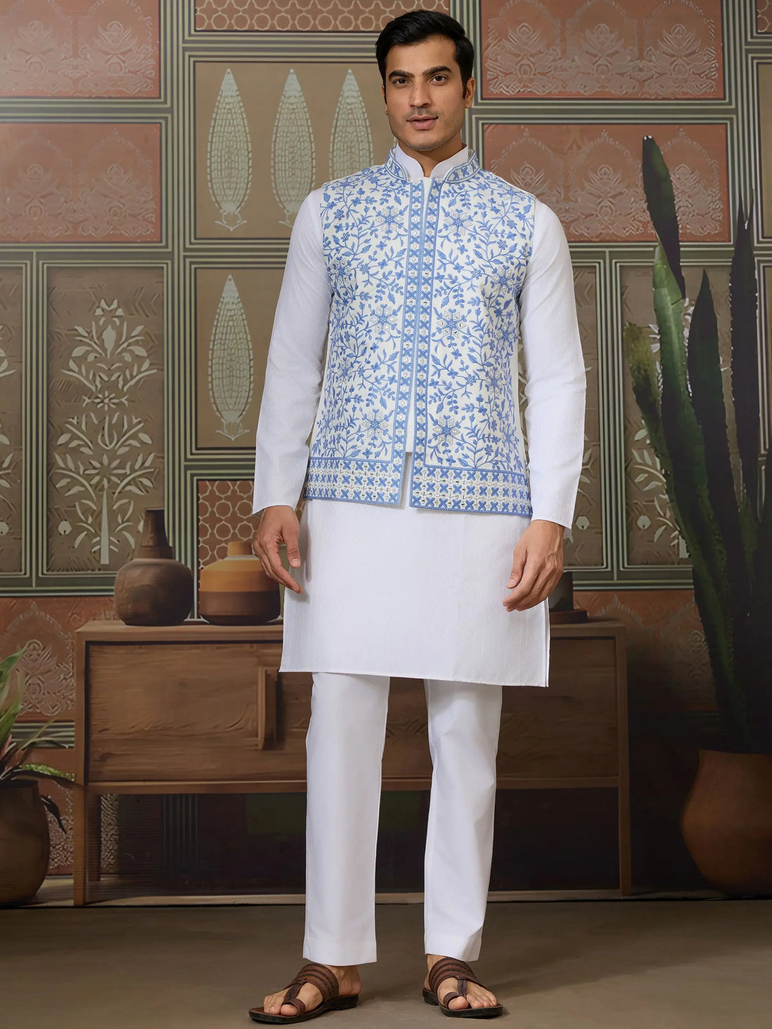 Fabulous White Mirror Work Silk Marriage Wear Men Kurta Set And Jacket