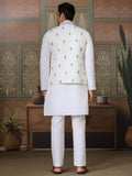 Fabulous White Mirror Work Silk Marriage Wear Men Kurta Set And Jacket