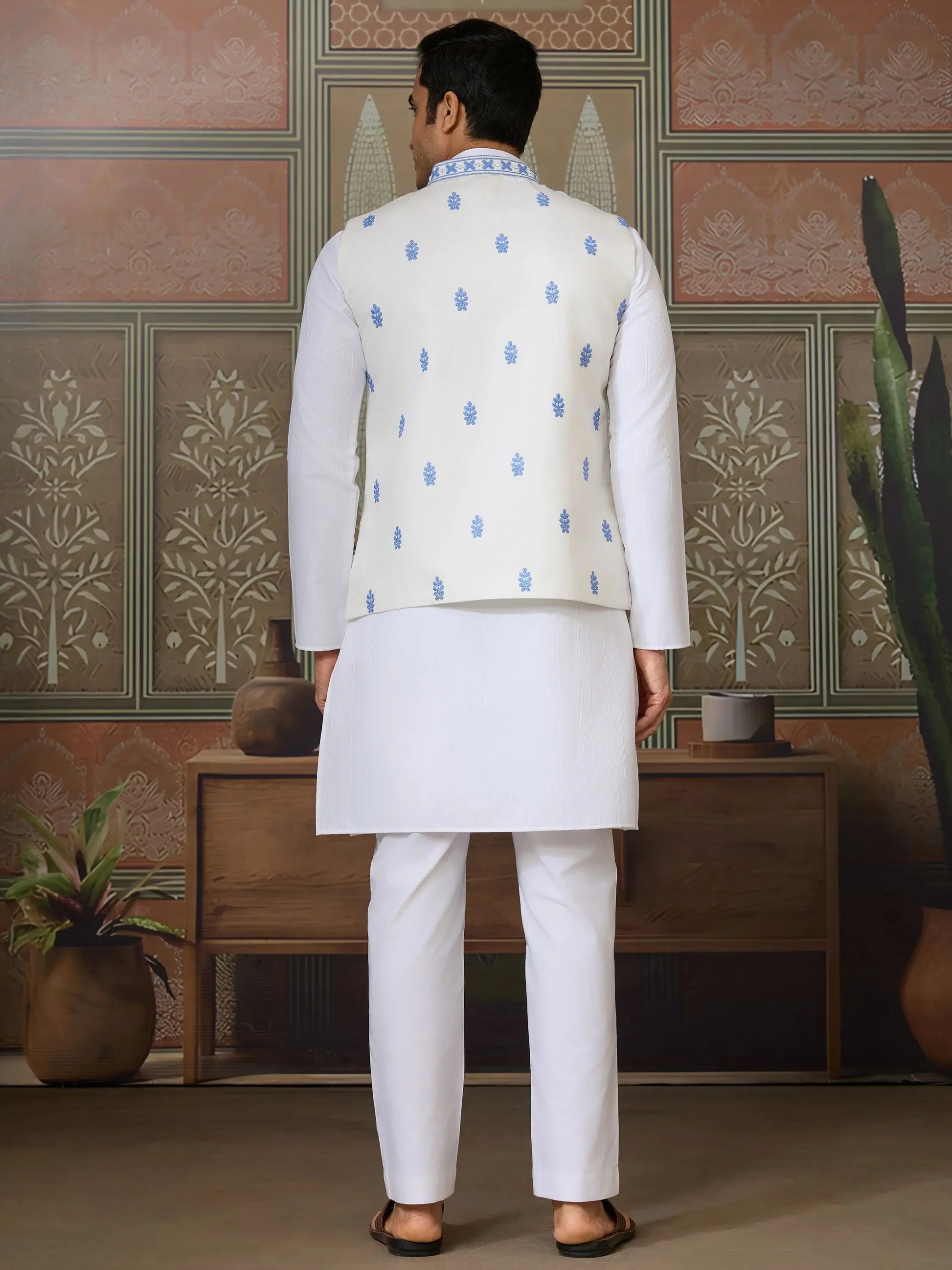 Fabulous White Mirror Work Silk Marriage Wear Men Kurta Set And Jacket
