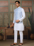 Fabulous White Mirror Work Silk Marriage Wear Men Kurta Set And Jacket