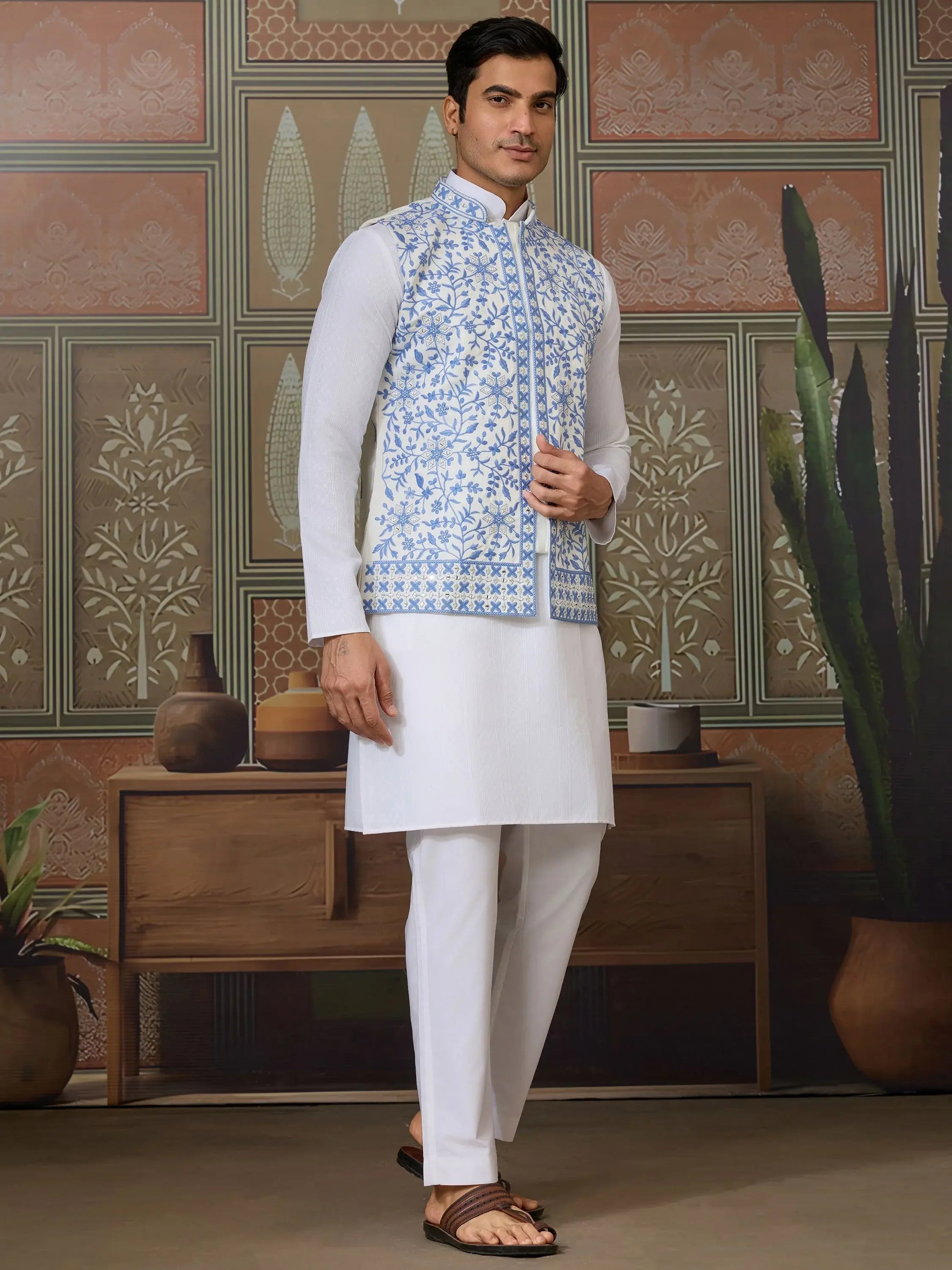 Fabulous White Mirror Work Silk Marriage Wear Men Kurta Set And Jacket