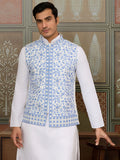Fabulous White Mirror Work Silk Marriage Wear Men Kurta Set And Jacket
