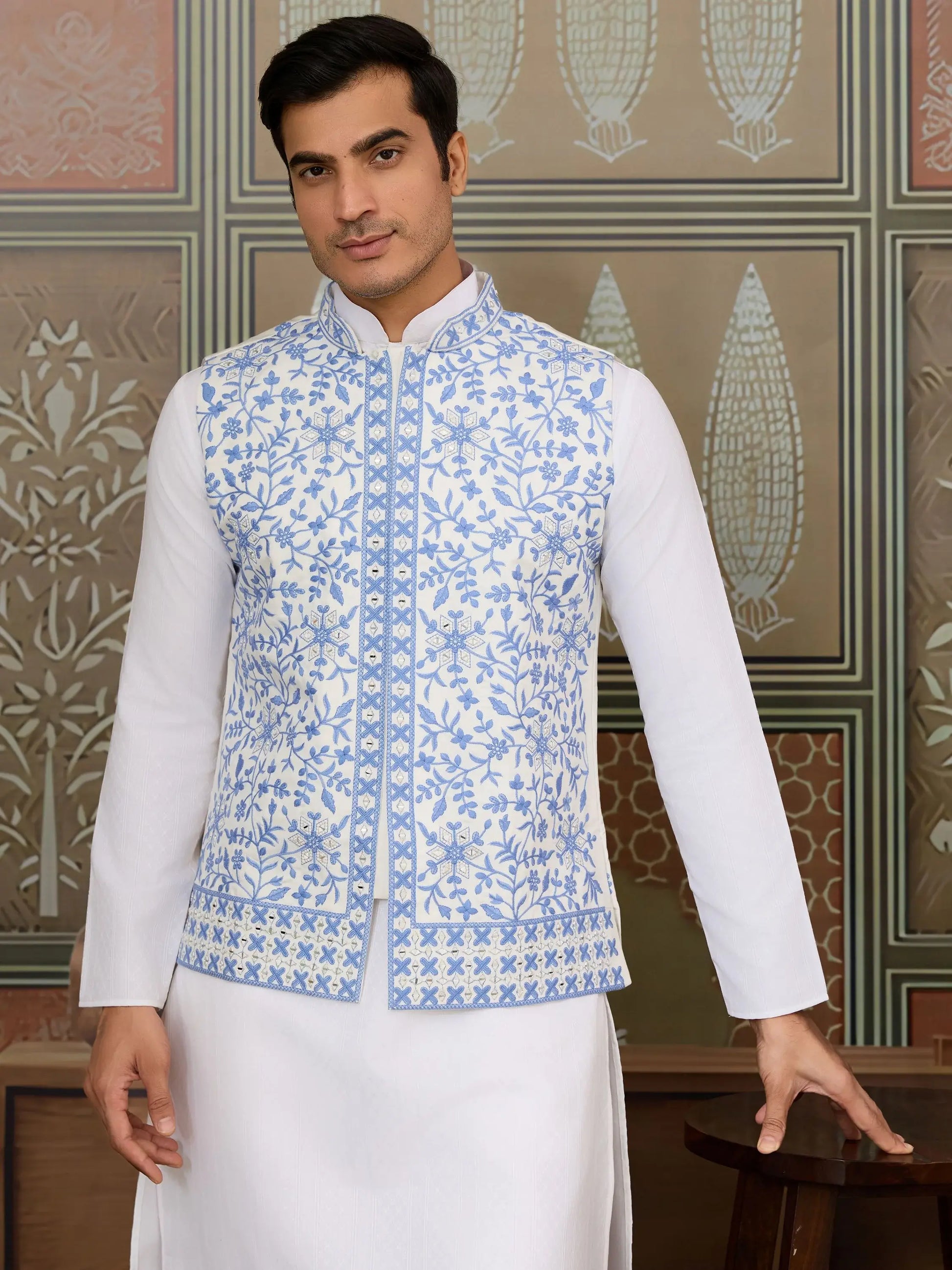 Fabulous White Mirror Work Silk Marriage Wear Men Kurta Set And Jacket
