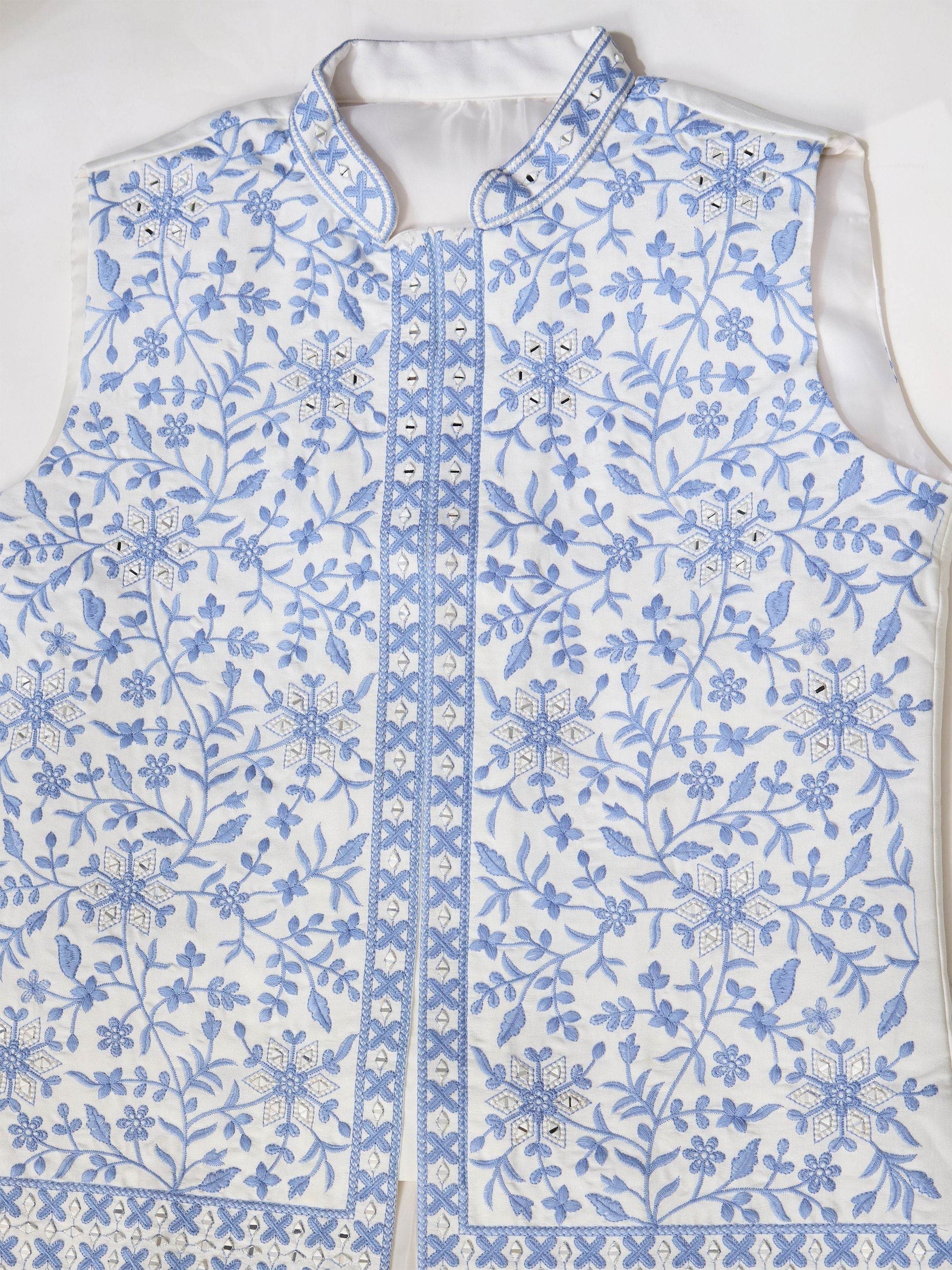 Fabulous White Mirror Work Silk Marriage Wear Men Kurta Set And Jacket