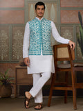 Stupendous White Thread Work Silk Traditional Men Kurta With Pant And Jacket
