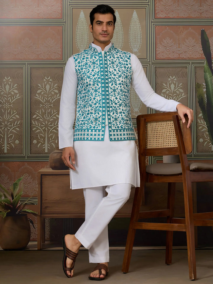 Stupendous White Thread Work Silk Traditional Men Kurta With Pant And Jacket