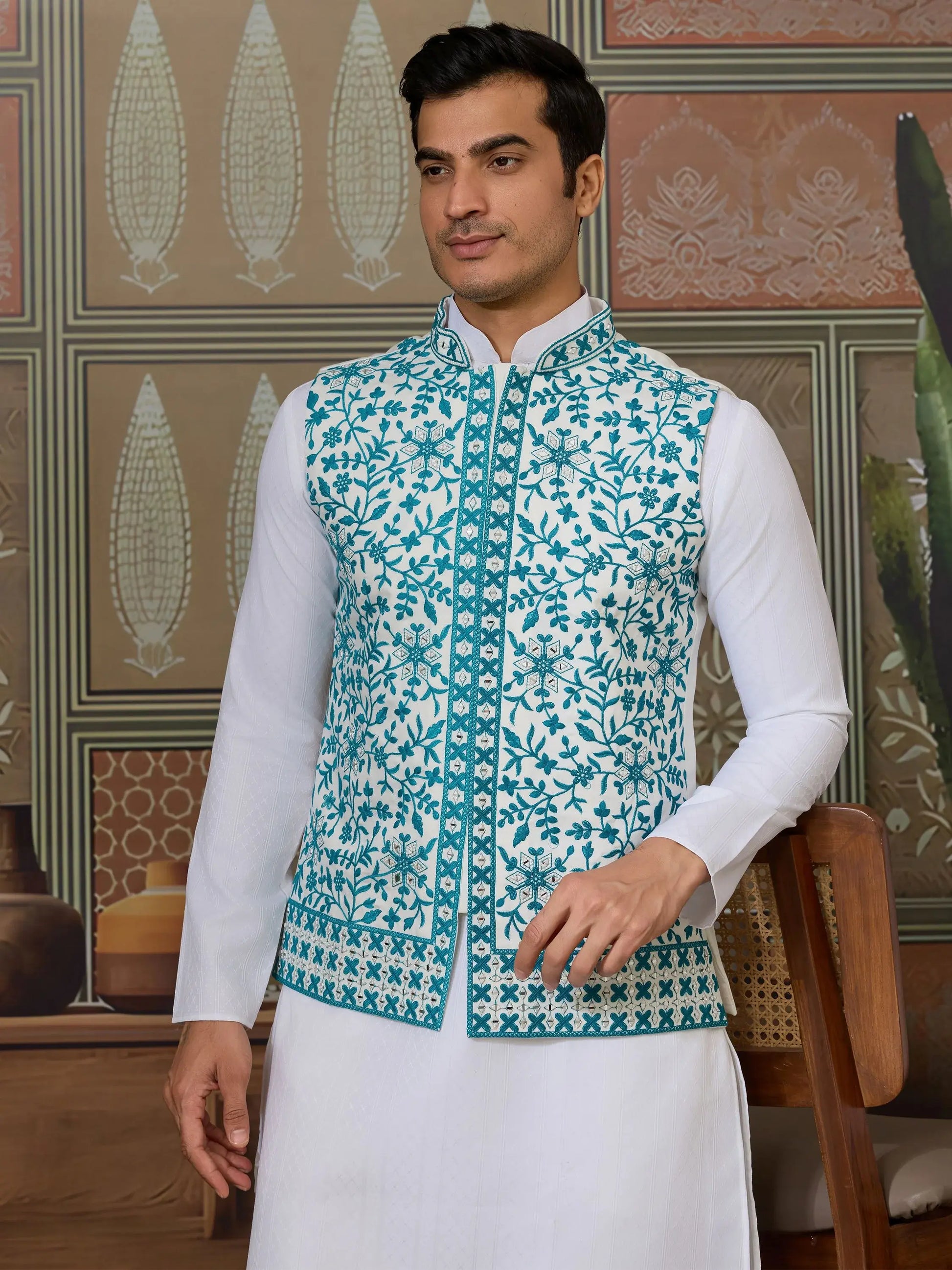 Stupendous White Thread Work Silk Traditional Men Kurta With Pant And Jacket