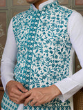 Stupendous White Thread Work Silk Traditional Men Kurta With Pant And Jacket