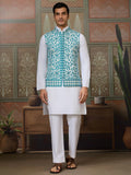 Stupendous White Thread Work Silk Traditional Men Kurta With Pant And Jacket