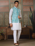 Stupendous White Thread Work Silk Traditional Men Kurta With Pant And Jacket