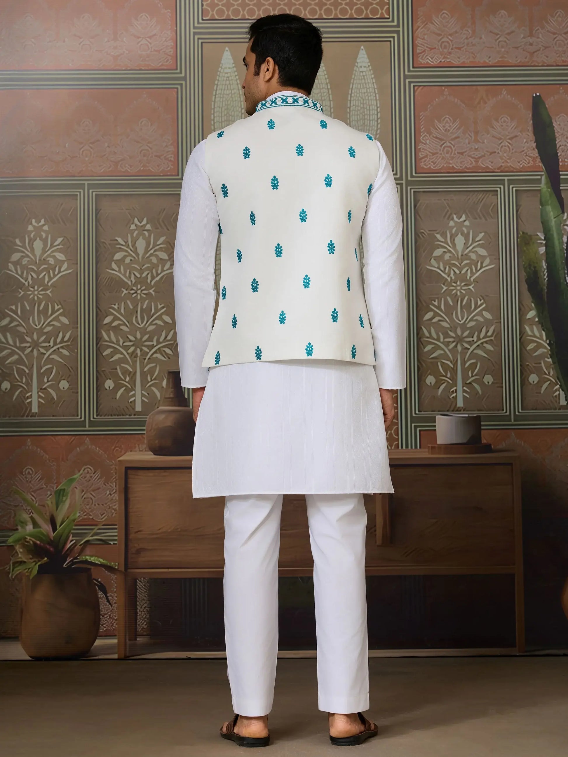 Stupendous White Thread Work Silk Traditional Men Kurta With Pant And Jacket