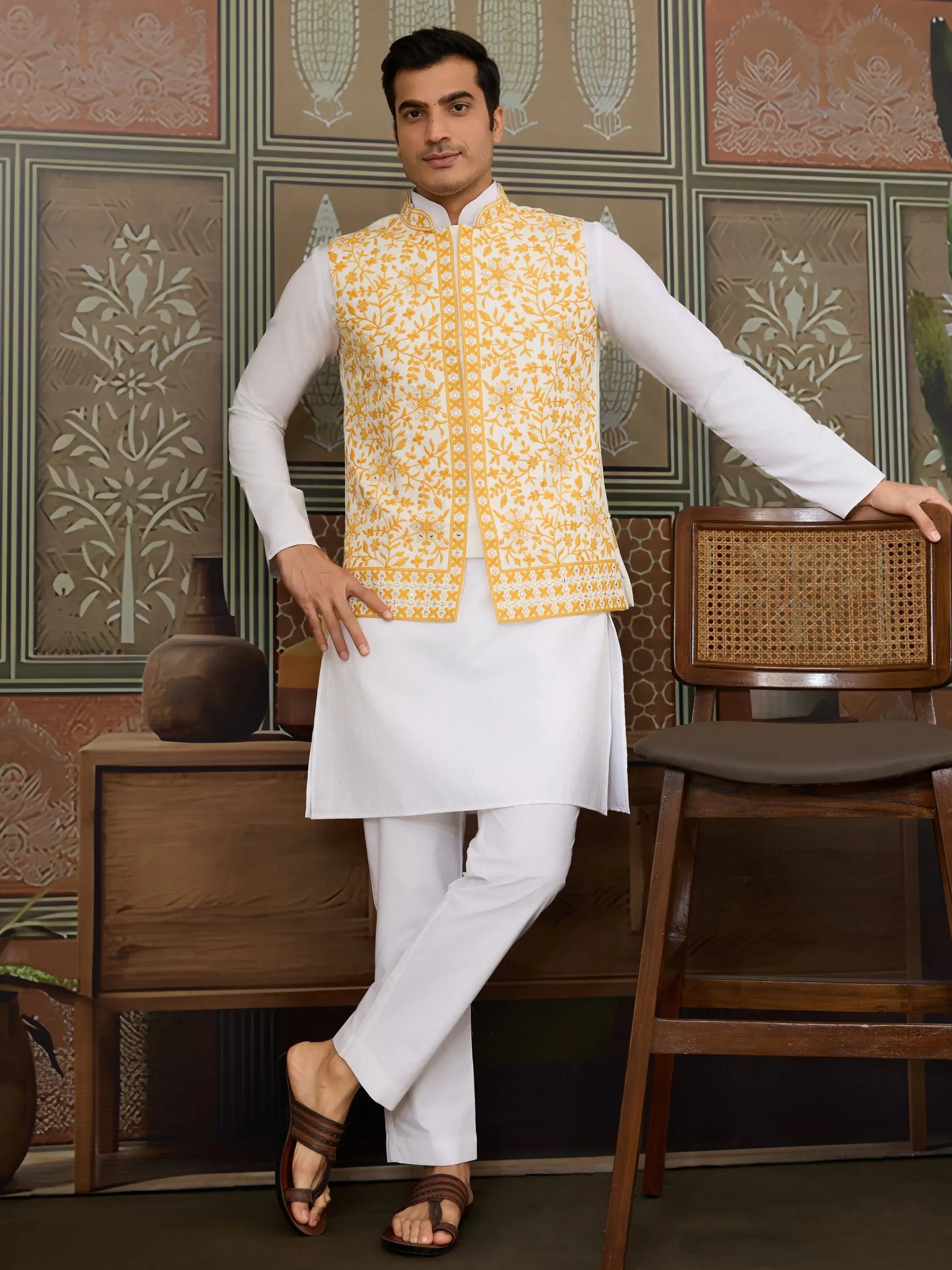 Remarkable White Embroidery Silk Wedding Wear Men Kurta Set With Yellow Jacket
