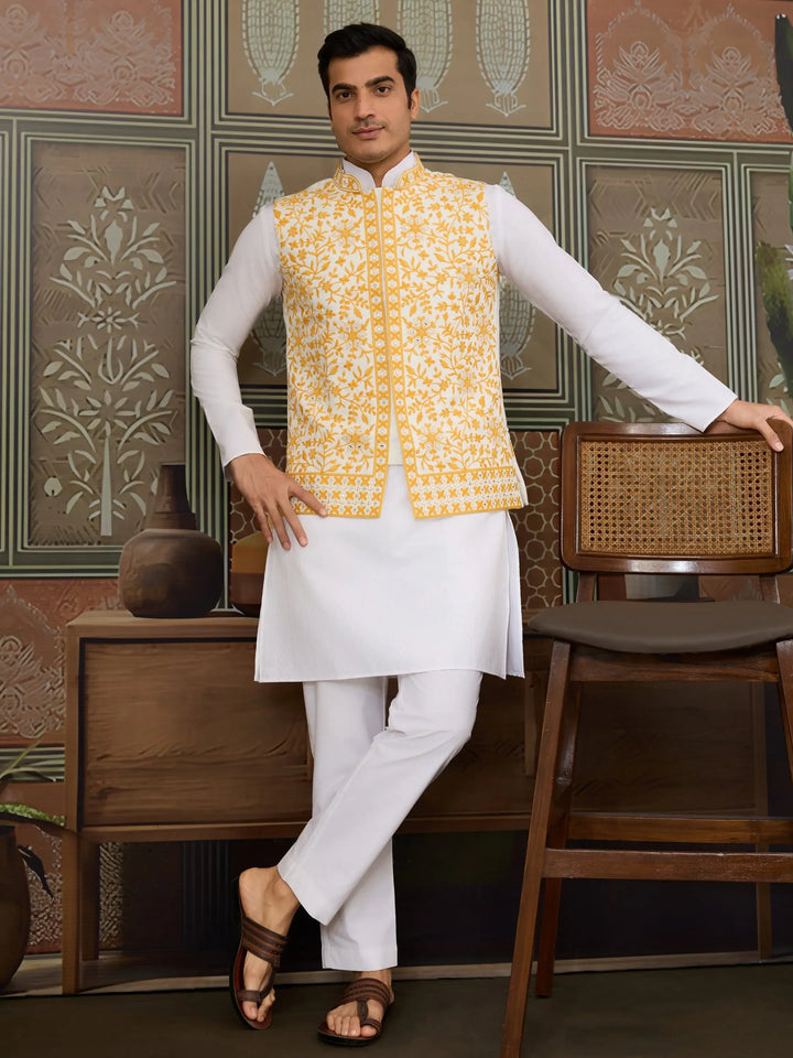 Remarkable White Embroidery Silk Wedding Wear Men Kurta Set With Yellow Jacket