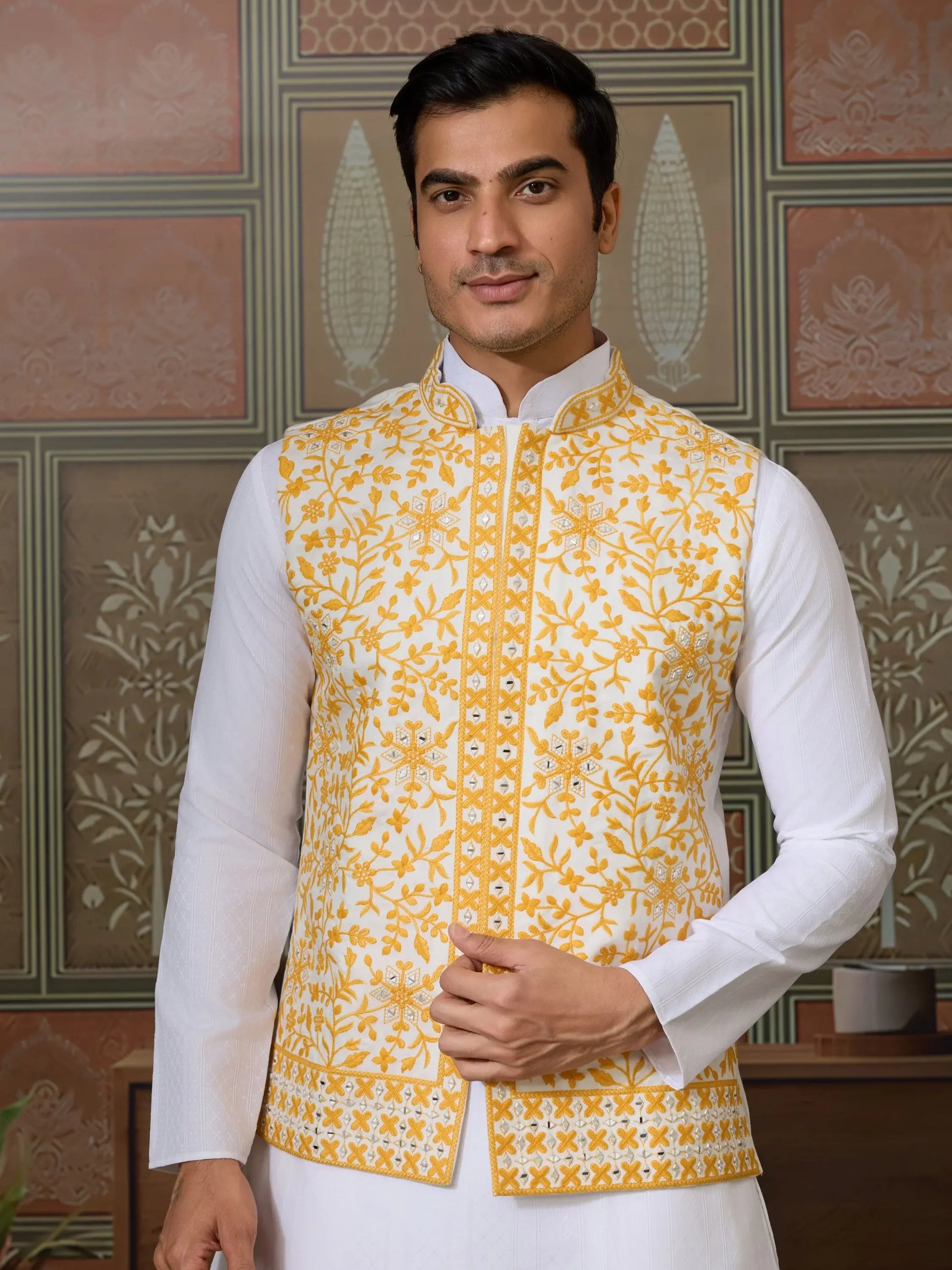 Remarkable White Embroidery Silk Wedding Wear Men Kurta Set With Yellow Jacket