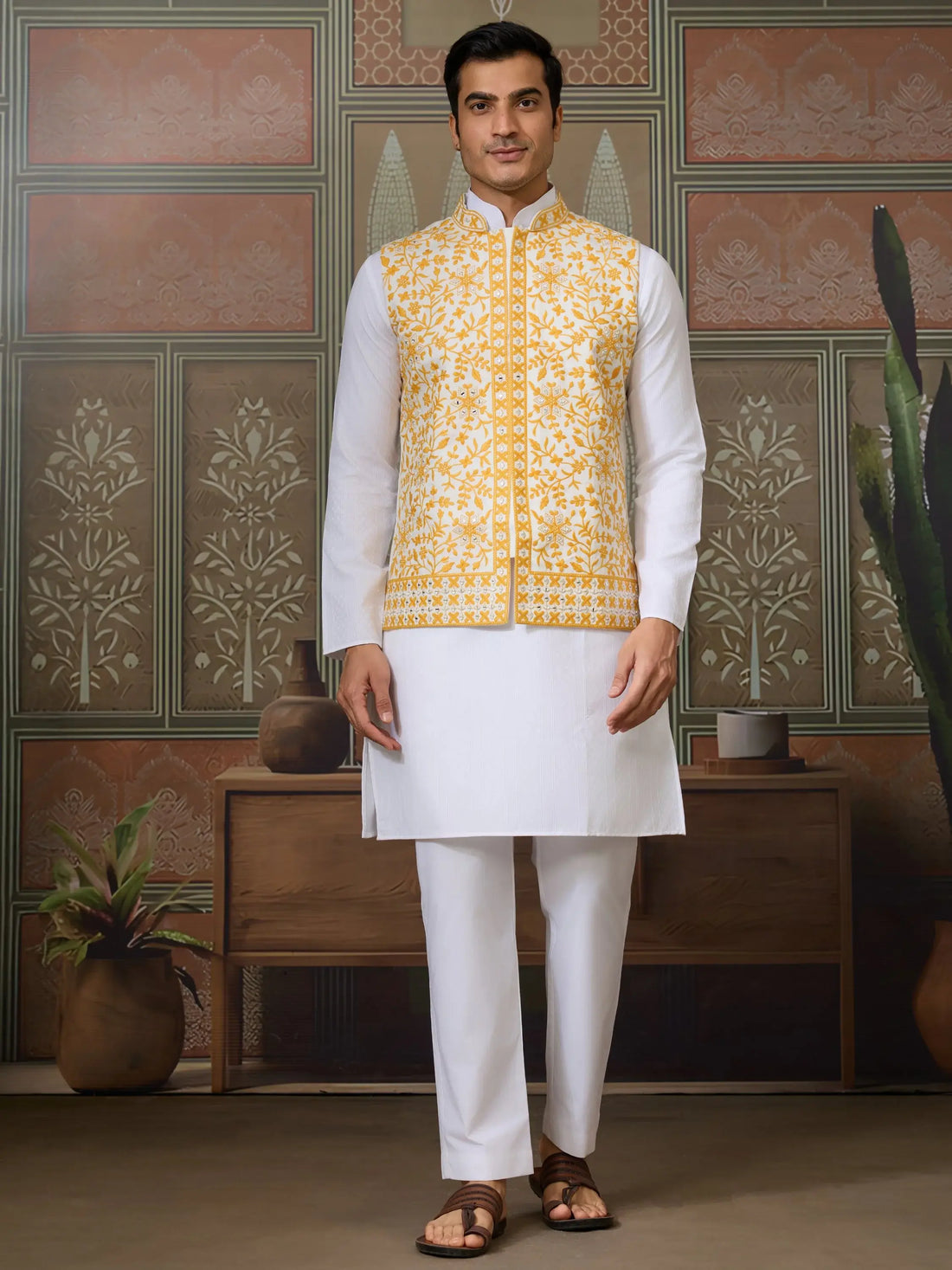 Remarkable White Embroidery Silk Wedding Wear Men Kurta Set With Yellow Jacket