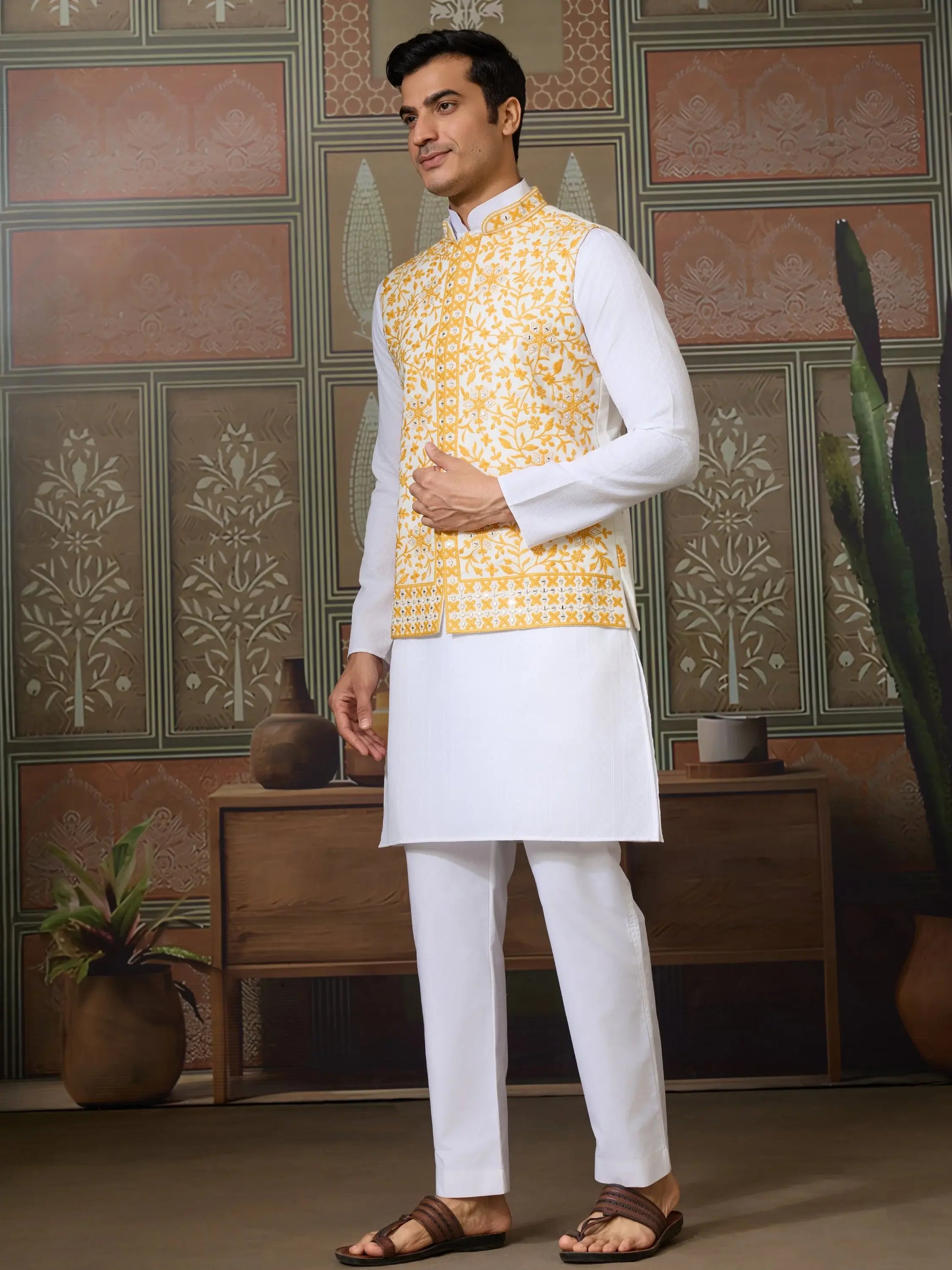 Remarkable White Embroidery Silk Wedding Wear Men Kurta Set With Yellow Jacket