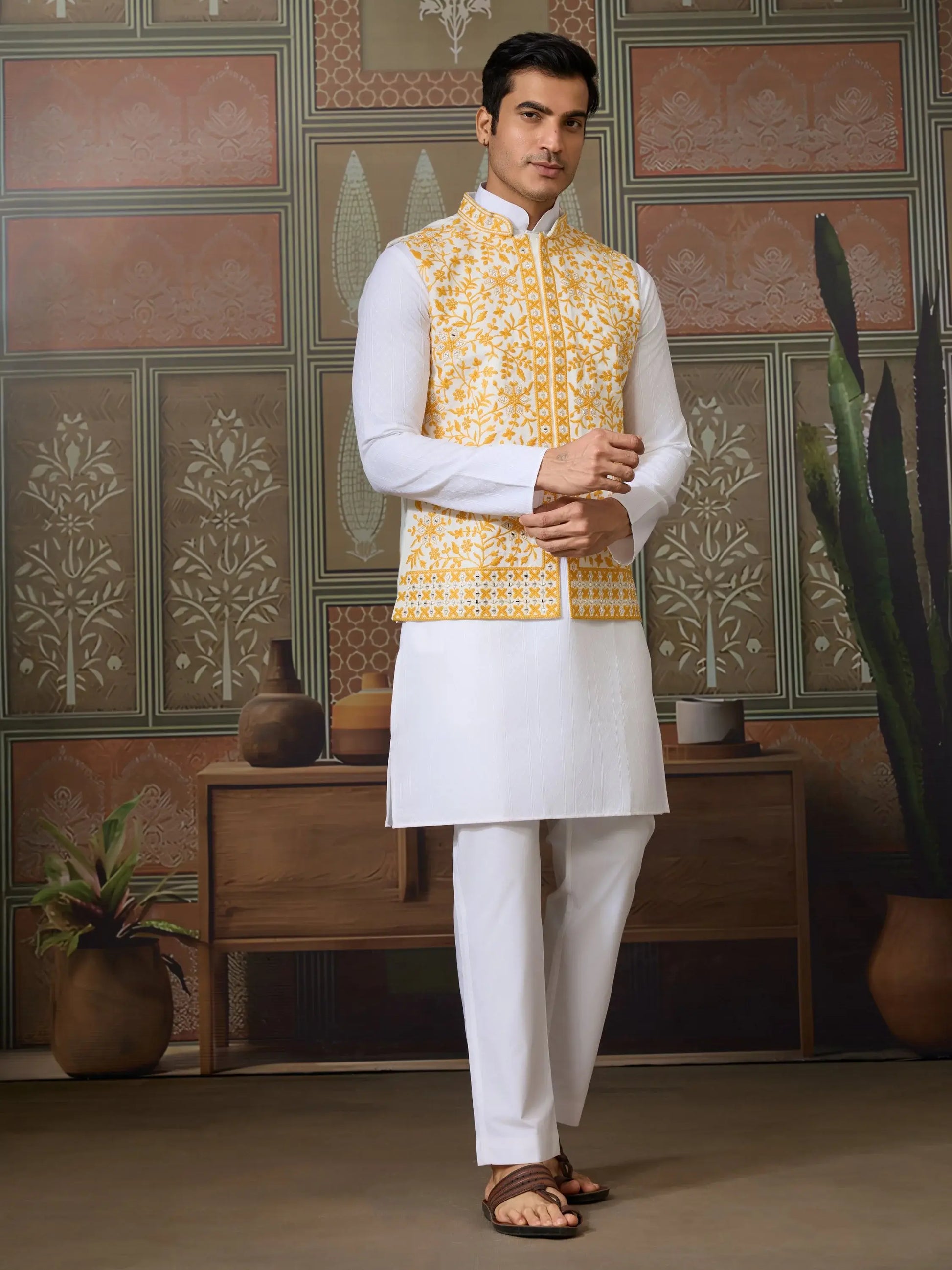 Remarkable White Embroidery Silk Wedding Wear Men Kurta Set With Yellow Jacket
