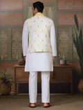 Remarkable White Embroidery Silk Wedding Wear Men Kurta Set With Yellow Jacket