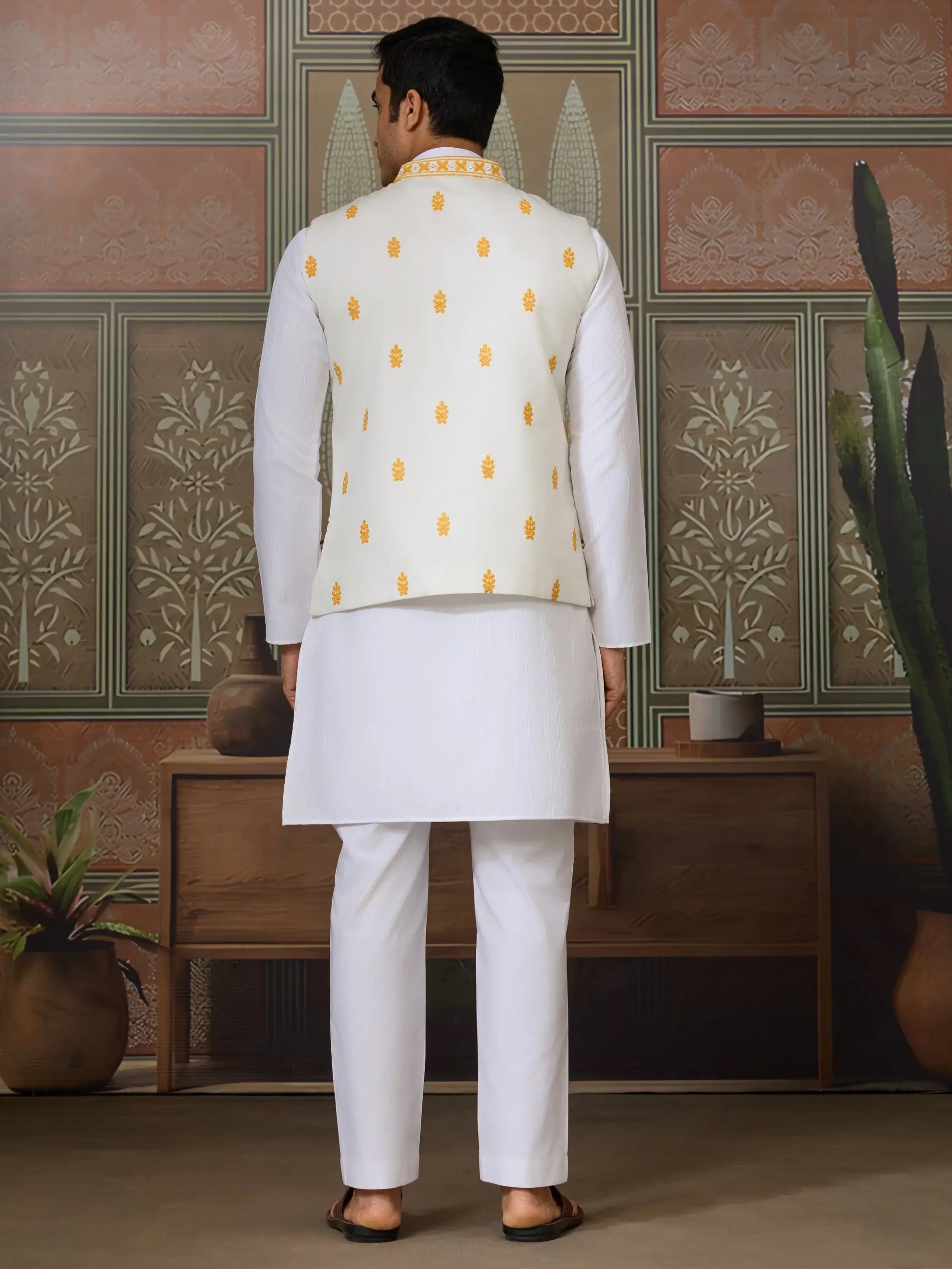 Remarkable White Embroidery Silk Wedding Wear Men Kurta Set With Yellow Jacket