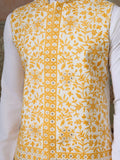 Remarkable White Embroidery Silk Wedding Wear Men Kurta Set With Yellow Jacket