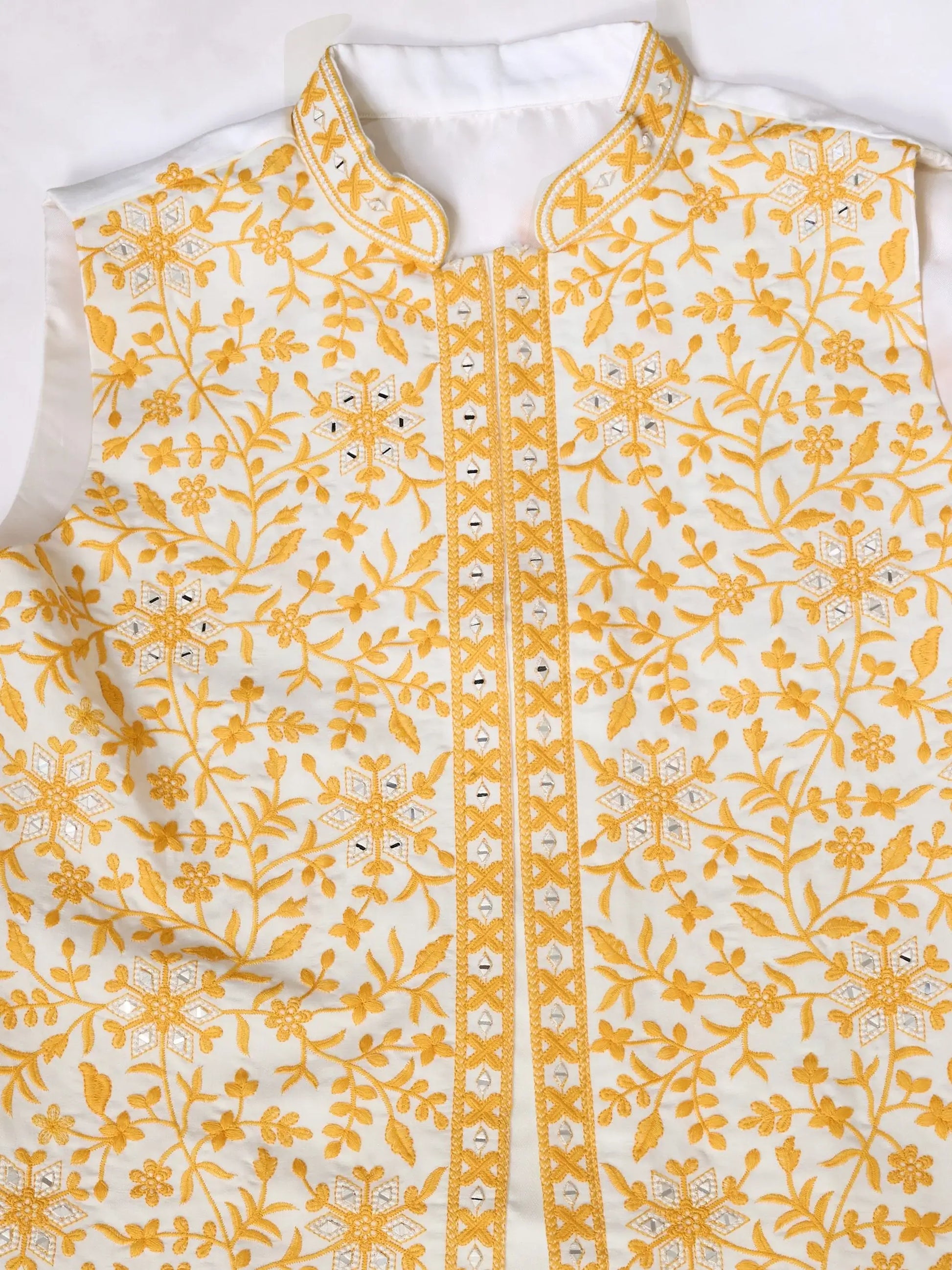 Remarkable White Embroidery Silk Wedding Wear Men Kurta Set With Yellow Jacket