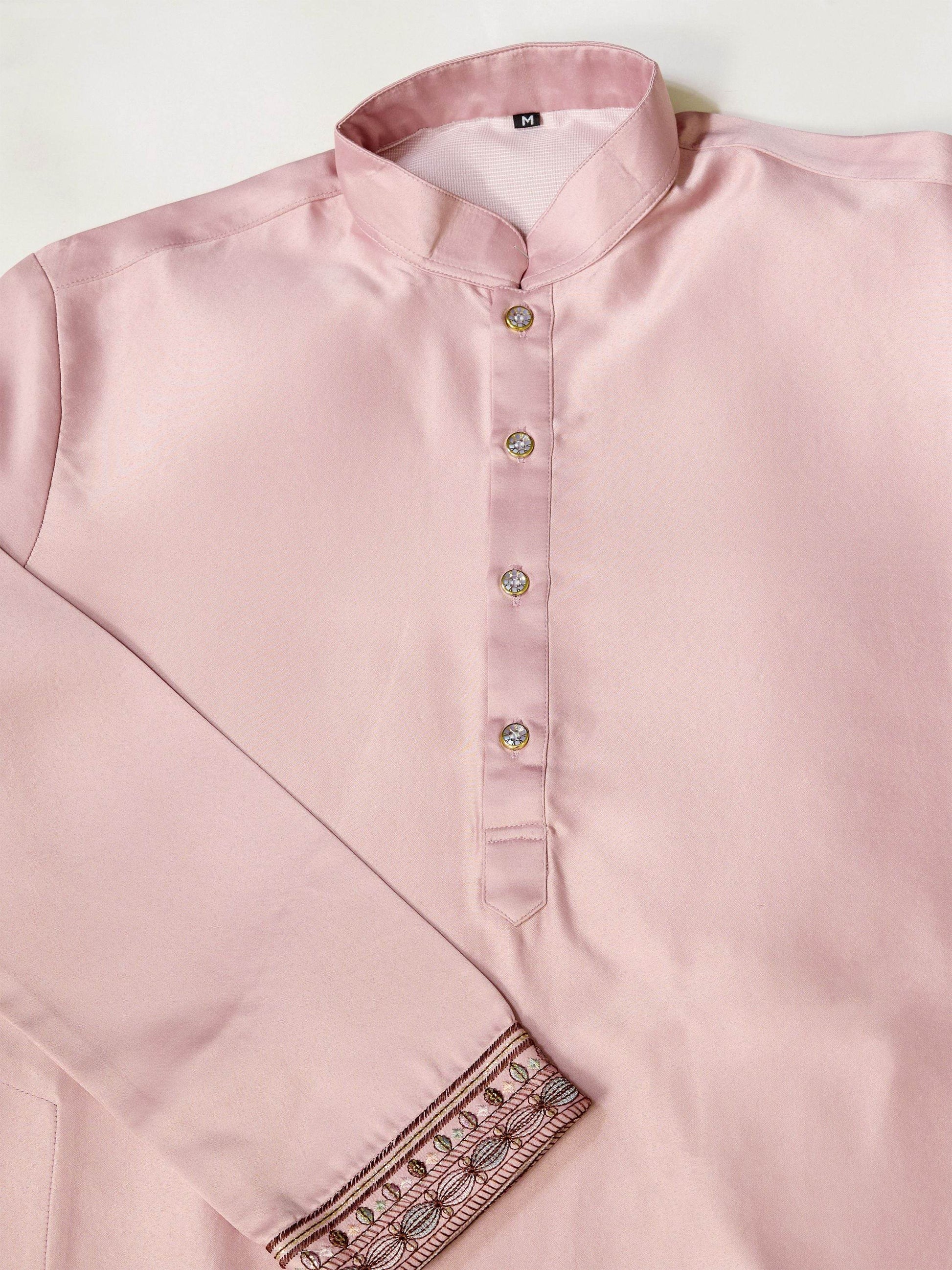 Magnificent Rose Pink Embroidered Silk Engagement Wear Men Kurta Set With Jacket