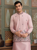 Magnificent Rose Pink Embroidered Silk Engagement Wear Men Kurta Set With Jacket