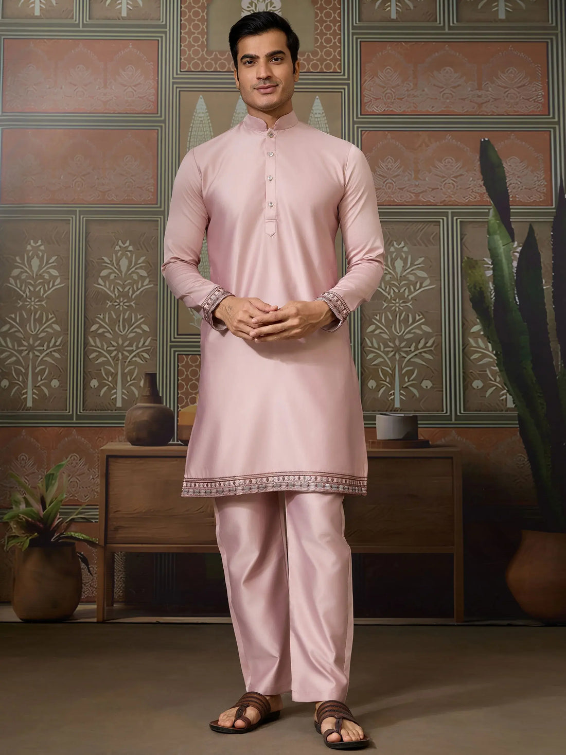 Magnificent Rose Pink Embroidered Silk Engagement Wear Men Kurta Set With Jacket