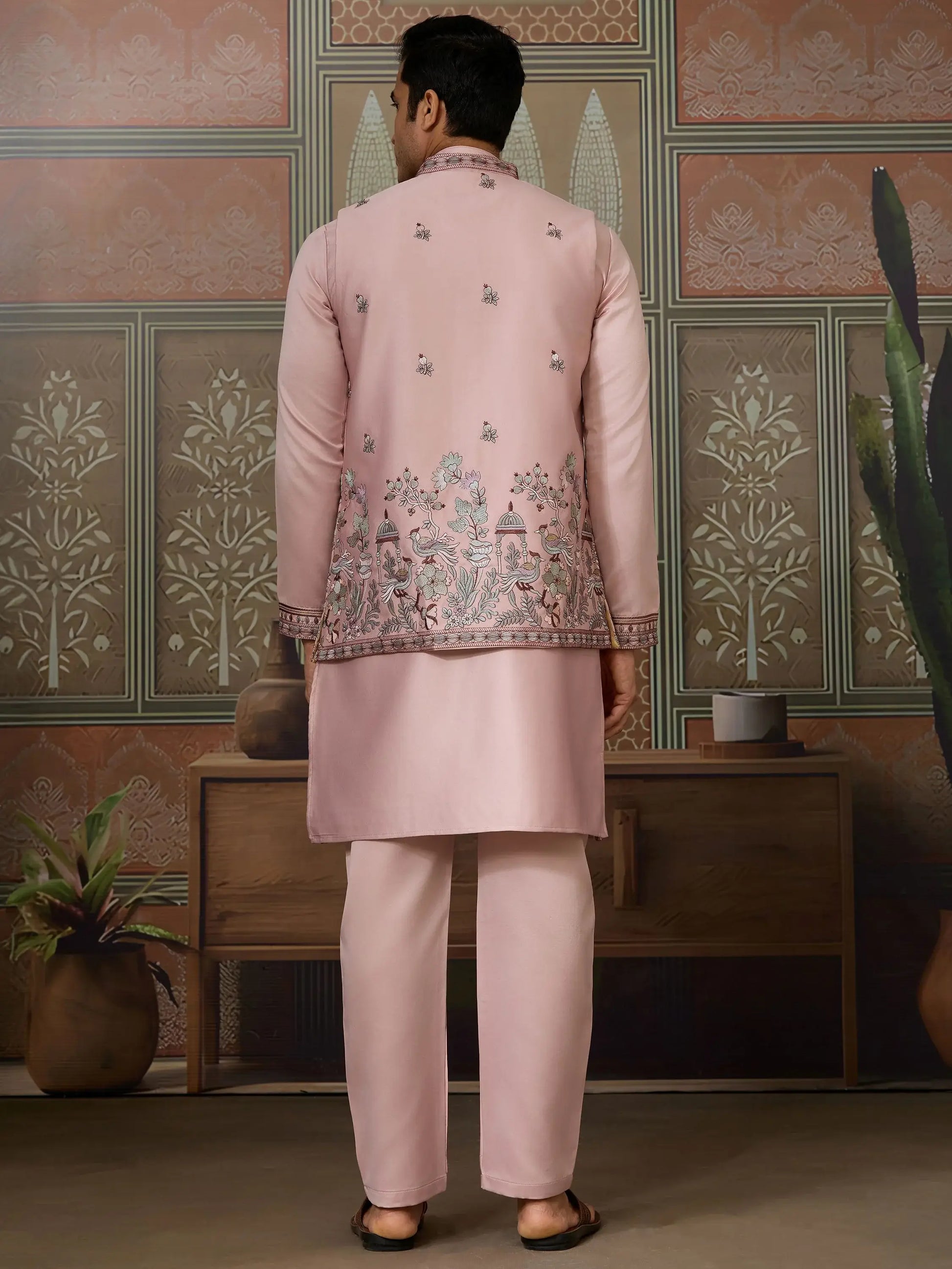 Magnificent Rose Pink Embroidered Silk Engagement Wear Men Kurta Set With Jacket