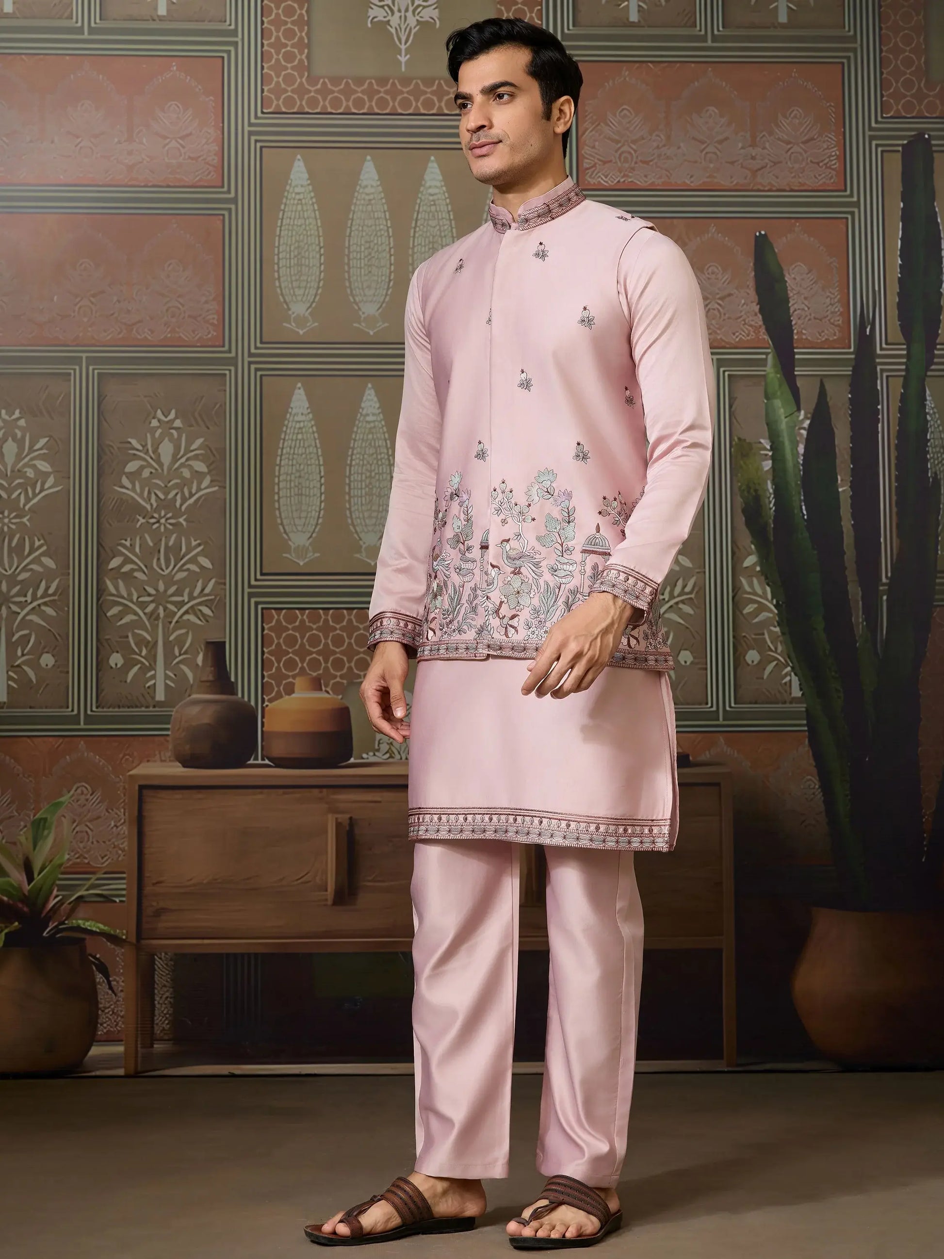 Magnificent Rose Pink Embroidered Silk Engagement Wear Men Kurta Set With Jacket