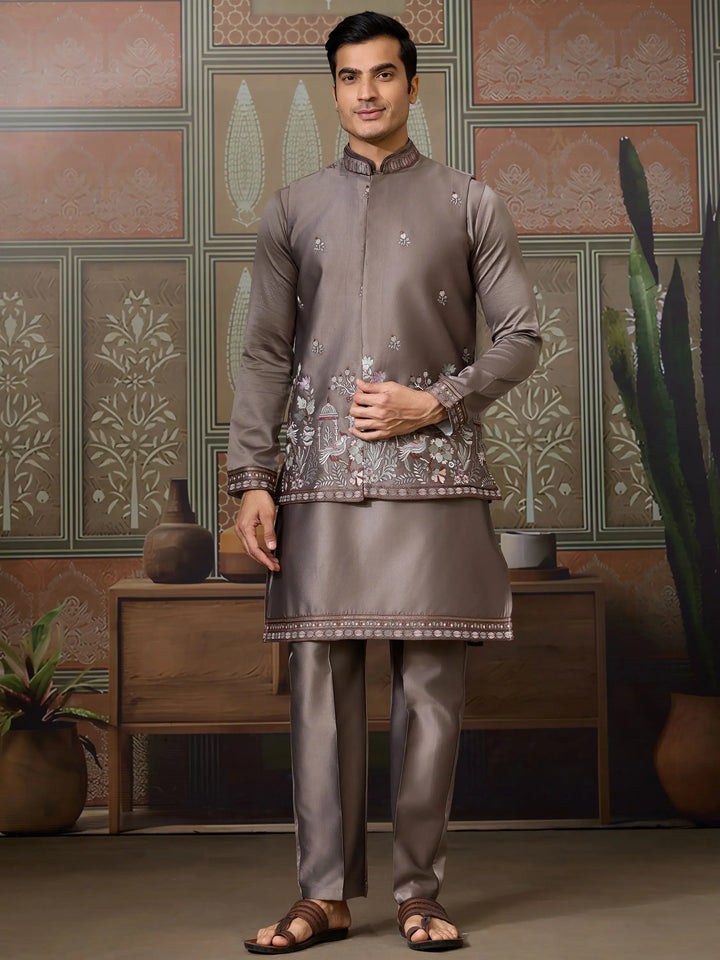 Unique Grey Thread Embroidered Silk Designer Men Kurta And Pant With Jacket