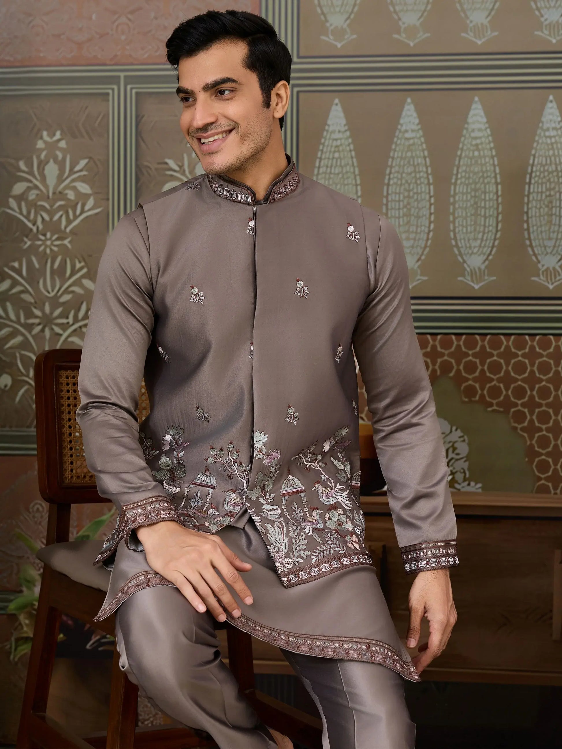 Unique Grey Thread Embroidered Silk Designer Men Kurta And Pant With Jacket
