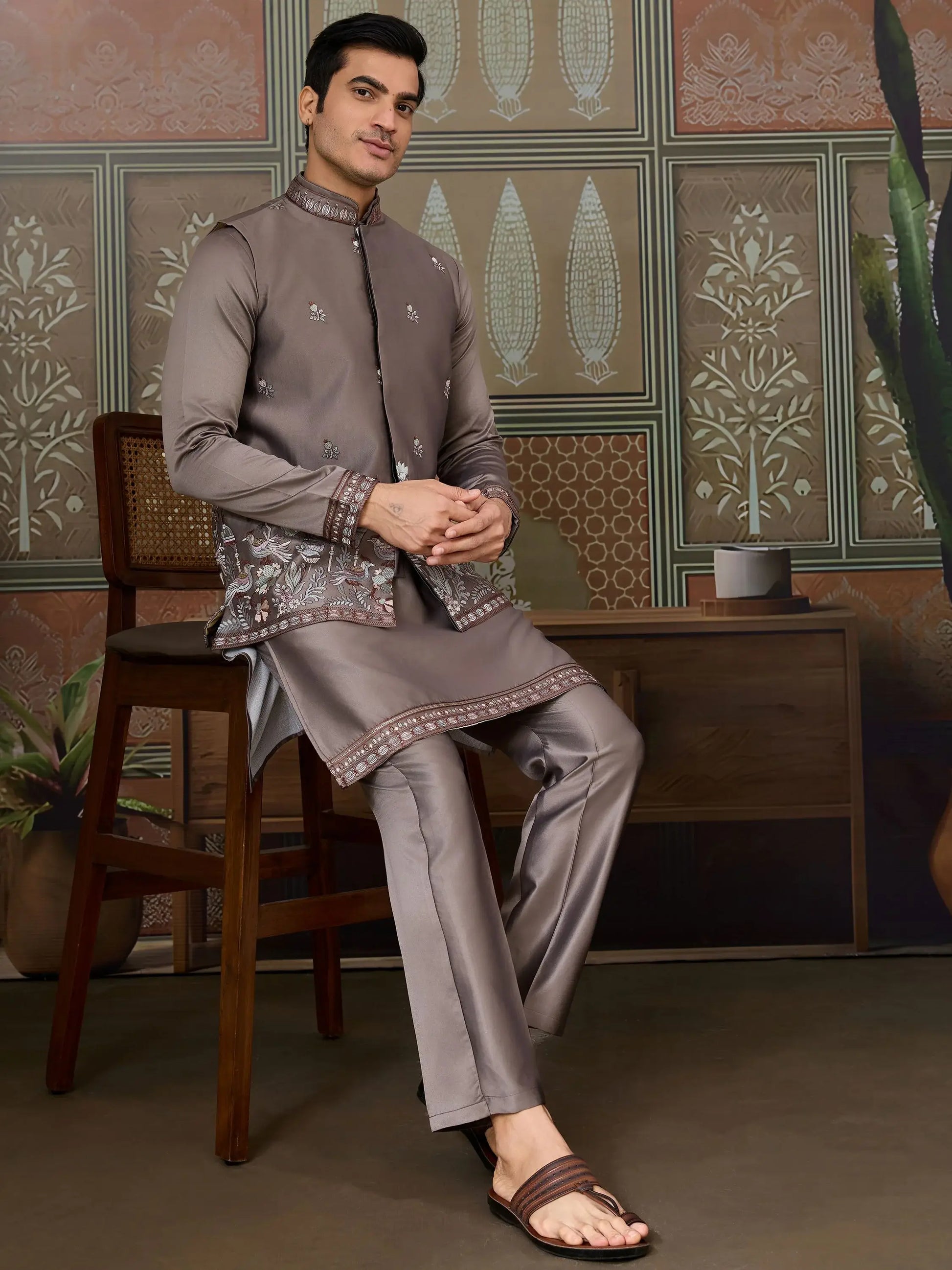 Unique Grey Thread Embroidered Silk Designer Men Kurta And Pant With Jacket