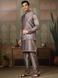 Unique Grey Thread Embroidered Silk Designer Men Kurta And Pant With Jacket