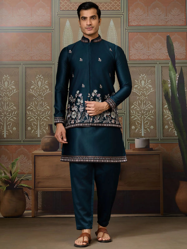 Classic Teal Blue Thread Embroidered Silk Evening Wear Men Kurta And Pant With Jacket