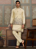 Wonderful Yellow Embroidered Silk Haldi Wear Men Kurta Set With Jacket
