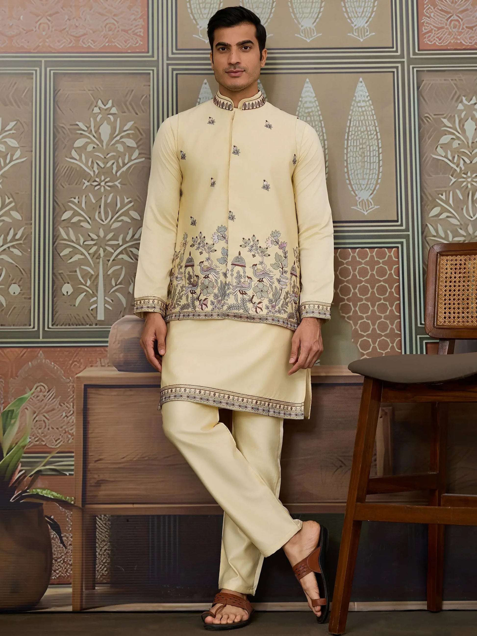 Wonderful Yellow Embroidered Silk Haldi Wear Men Kurta Set With Jacket