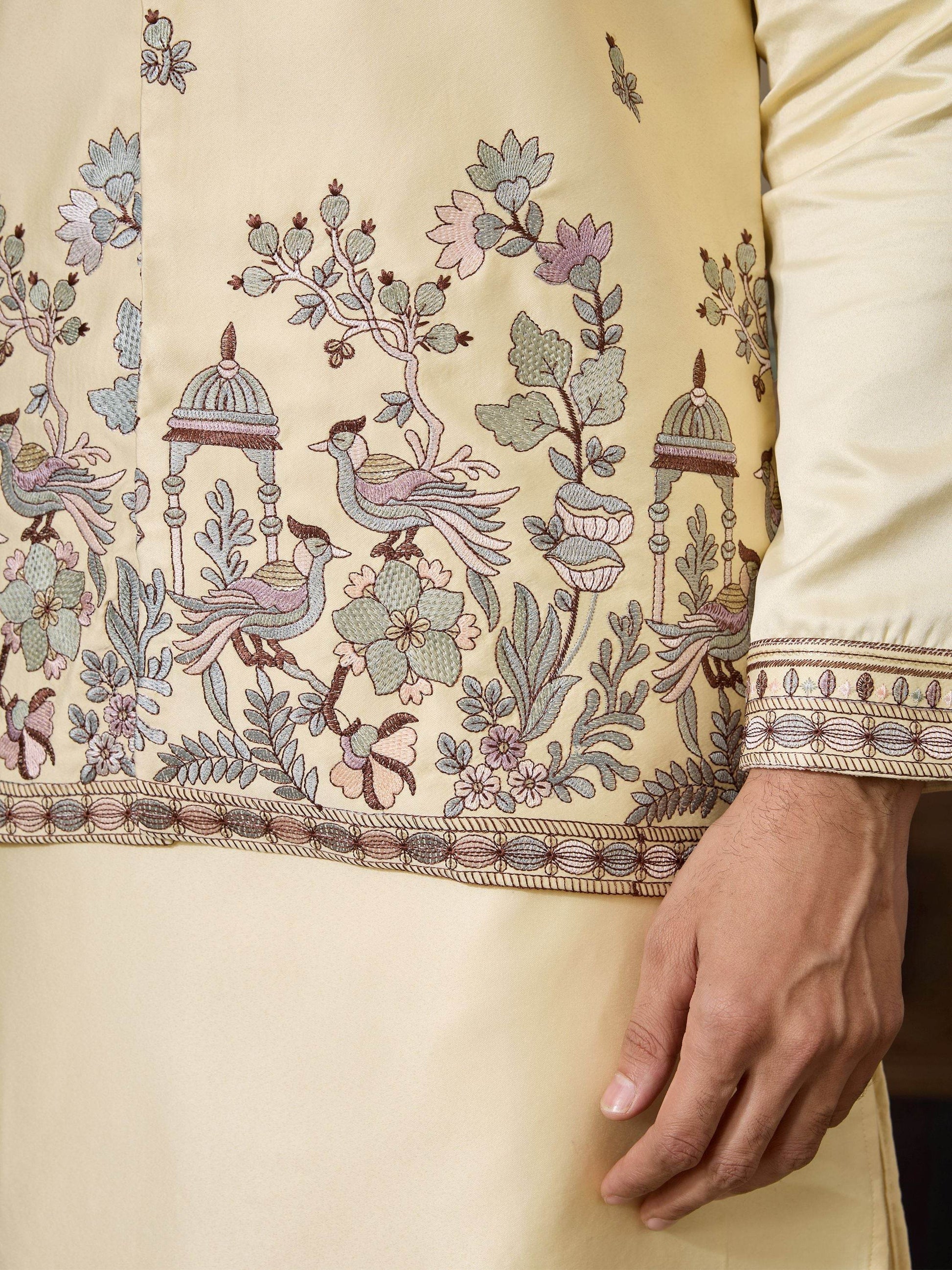 Wonderful Yellow Embroidered Silk Haldi Wear Men Kurta Set With Jacket